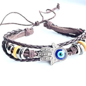 New Hamsa Evil Eye Genuine Braided Leather Silver Charm Bracelet